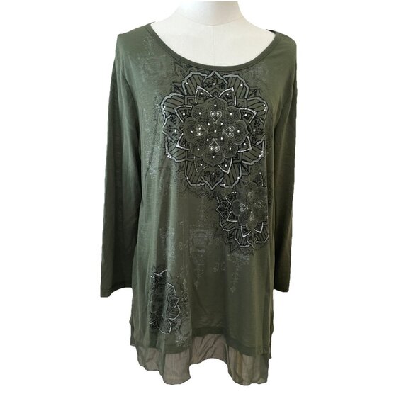 Faded Glory Tops - Vtg Y2k Faded Glory Sequin Top Women's XL Green Sheer Sharkbite Hem Fairy Grunge
